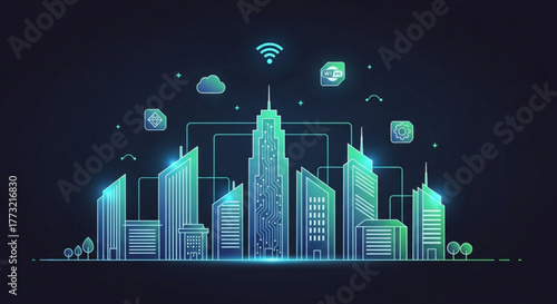 Futuristic city skyline with glowing neon lines and smart technology icons, representing the concept of smart city and urban innovation