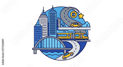 Urban landscape with buildings, bridge, road, train, and cars, representing city life and transportation