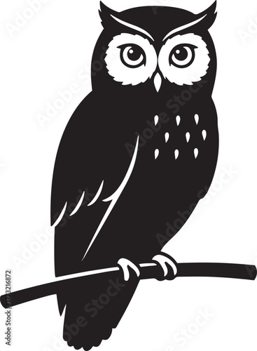 Simple black and white vector graphic of a wise owl perched on a tree branch
