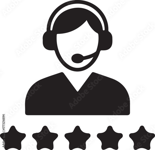 Black and white icon of a person wearing a headset with a microphone and five stars below