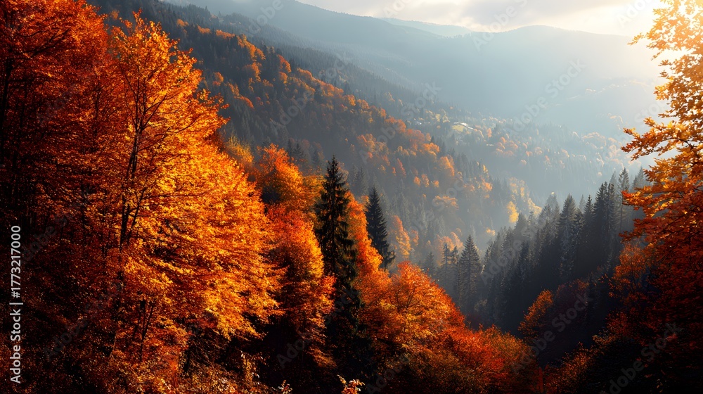 Obraz premium Majestic mountain slopes showcase vibrant autumn foliage bathed in bright sunlight