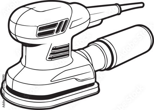 Black and white line drawing of a random orbital sander with dust collector power tool