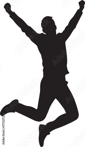Silhouette of a joyful person jumping high with arms raised, celebrating success