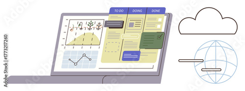 Task board with To Do, Doing, Done columns, graphs, chat boxes on laptop screen, cloud icon, and globe for connectivity. Ideal for productivity, organization analytics data sharing teamwork
