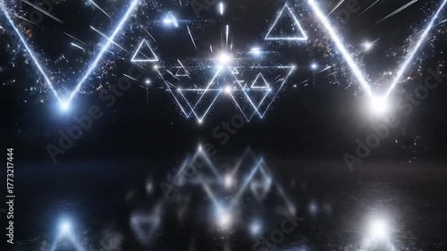 Abstract digital design featuring glowing triangular shapes and light reflections, creating a modern and futuristic visual