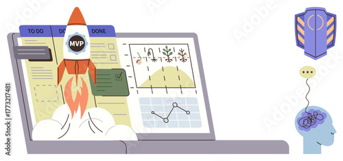Rocket launching from a laptop screen with MVP badge, task boards, and charts in the background. Ideal for innovation, productivity, workflow, project management, startup analytics success. Simple