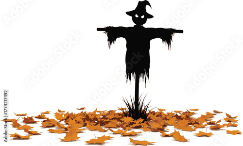 Spooky Halloween scarecrow silhouette standing amidst a scatter of autumn leaves