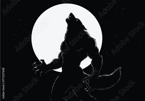 Eerie silhouette of a mythical werewolf creature howling intensely at a radiant full moon in a dark night sky