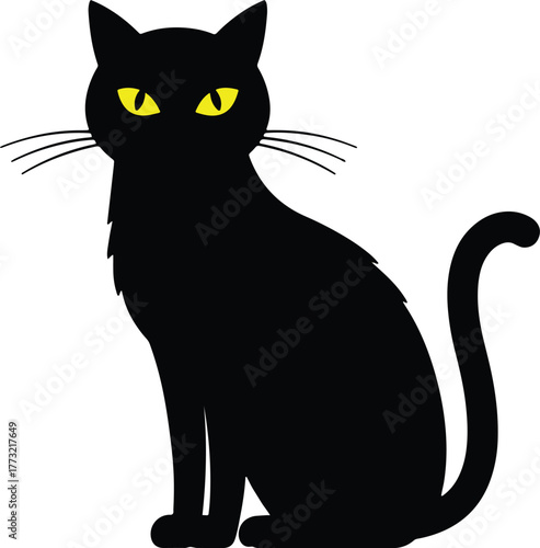 Striking black cat silhouette illustration with piercing yellow eyes, perfect for Halloween designs, pet-themed projects, and mysterious graphic elements