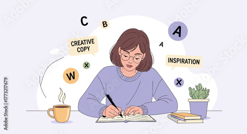 Woman Writing In Notebook With Ideas And Coffee, Work Concept And Inspiration Illustration