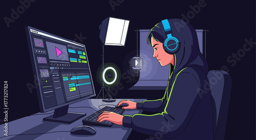 Woman Editing Video Content Using Computer Software and High-Quality Headphones for a Project