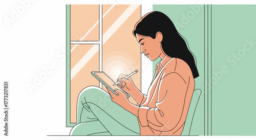 Woman Engrossed Creating Digital Art At Home, Enjoying A Relaxed Productive Moment