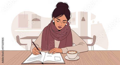 Woman Enjoying Coffee and Concentrating While Journaling at a Cafe Table