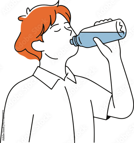 Young person with orange hair drinking from a water bottle