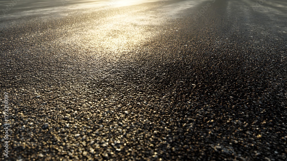 Obraz premium Coarse, dark pavement surface reflects bright sunlight stretching toward the horizon