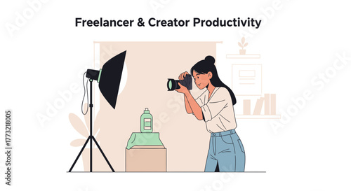 Woman Photographer Creatively Composing Product Picture With Studio Instruments and Professional