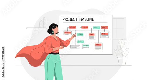 Woman Presenting Project Timeline On Board In Simple And Modern Illustration Style