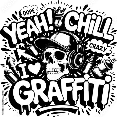 Skull wearing headphones and baseball cap with i love graffiti text and spray paint cans