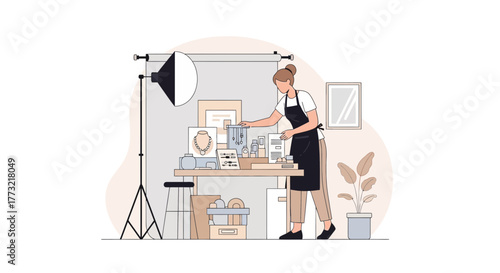 Woman Setting Up Jewelry Display: Studio Photography with Lighting and Accessories