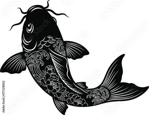Elegant Black and White Koi Fish Illustration with Floral Ornamentation