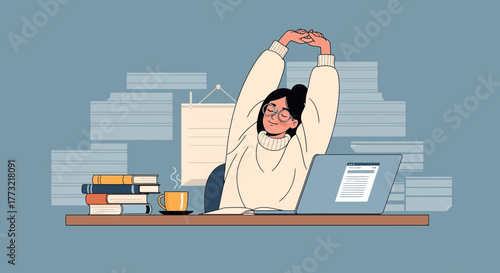 Woman Stretching at Desk After Intense Work Session and Readying New Tasks