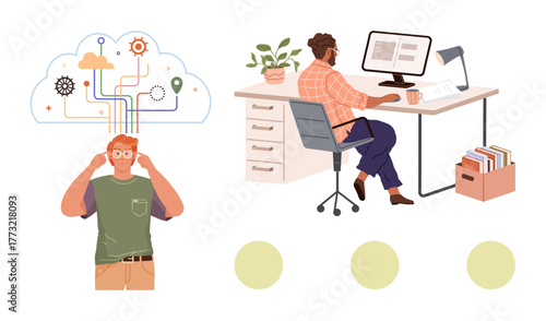 Person imagining interconnected concepts symbolizing ideas alongside man at organized desk with computer, files. Ideal for creativity, brainstorming, work-life, IT, productivity, workflow solutions