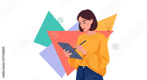 Woman Working on a Tablet, Creative Design Illustration with Geometric Shapes, Modern Art Style