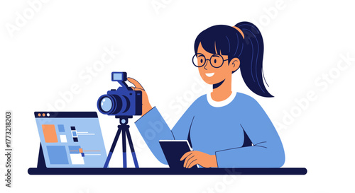 Woman Working on Camera Set Up to Create Videos for Digital Campaigns and Marketing