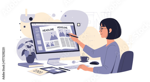 Woman Working on Computer with Newspaper Articles Representing Modern Journalism Processes