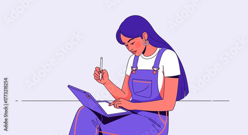 Woman Working on Tablet Digital Drawing, Creative Design Illustrated, Lifestyle Concept