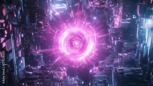 Abstract energy core animation glowing sphere within complex technology