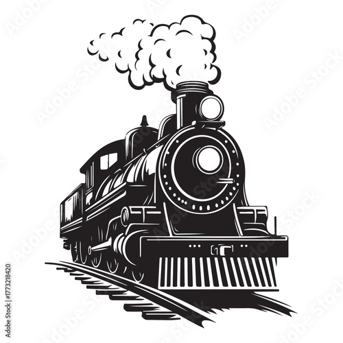 Vintage steam engine train silhouette traveling on tracks with smoke and passenger cars 