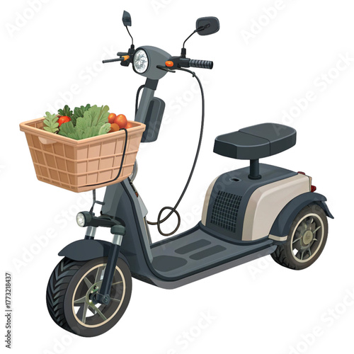 Fresh produce delivered by a modern electric scooter, perfect for sustainable urban living and eco-friendly transport solutions.