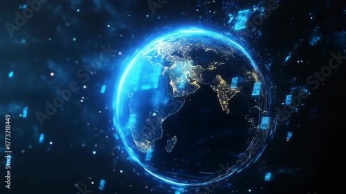 Abstract earth globe with glowing energy field and digital data