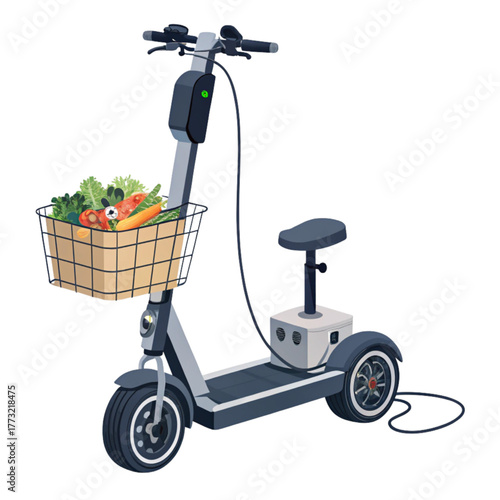 Modern electric scooter delivering fresh groceries, offering a convenient and sustainable urban transport solution for healthy living