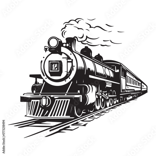 Vintage steam engine train silhouette traveling on tracks with smoke and passenger cars 