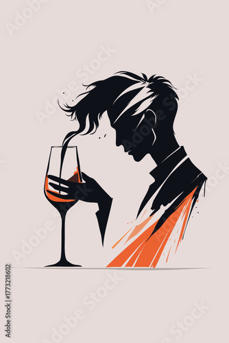 Stylized abstract illustration of a man holding a glass of wine, symbolizing alcoholism, addiction, emotional escape, and the struggle with dependency in modern art style.