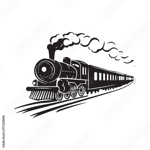 Vintage steam engine train silhouette traveling on tracks with smoke and passenger cars 