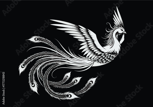 Elegant White Phoenix Ascending Majestic Tail Feathers on Black Background