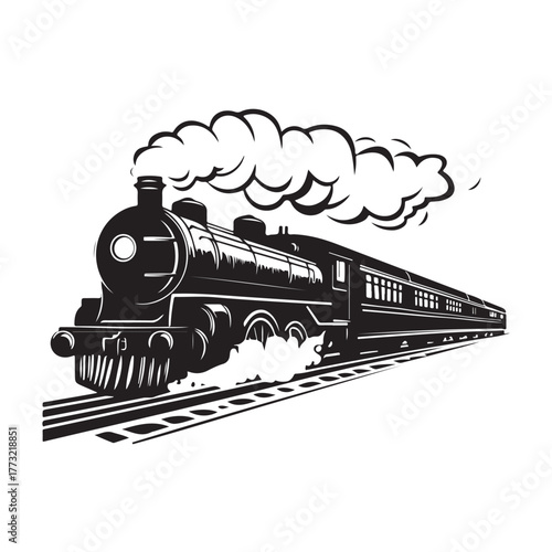 Vintage steam engine train silhouette traveling on tracks with smoke and passenger cars 