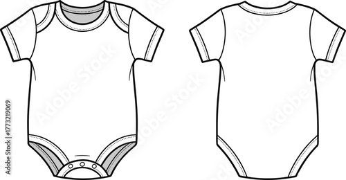 PrintBaby onesie vector fashion flat sketch front and back view, infant bodysuit apparel design template, cute newborn clothing illustration.