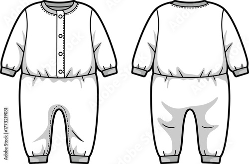 PrintBaby romper flat sketch, long sleeve jumpsuit design with front buttons, ribbed cuffs and hem, vector fashion clothing template illustration.