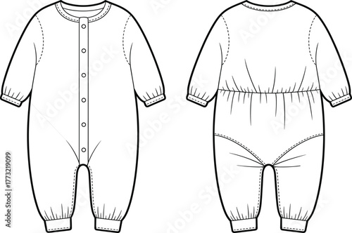 PrintBaby romper vector template, front and back view, button down long sleeve jumpsuit design, fashion flat sketch for apparel illustration.