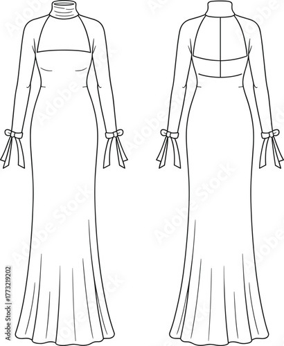 PrintElegant long sleeve evening gown fashion sketch, high neck maxi dress design with bow cuffs, front and back technical illustration, stylish silhouette.