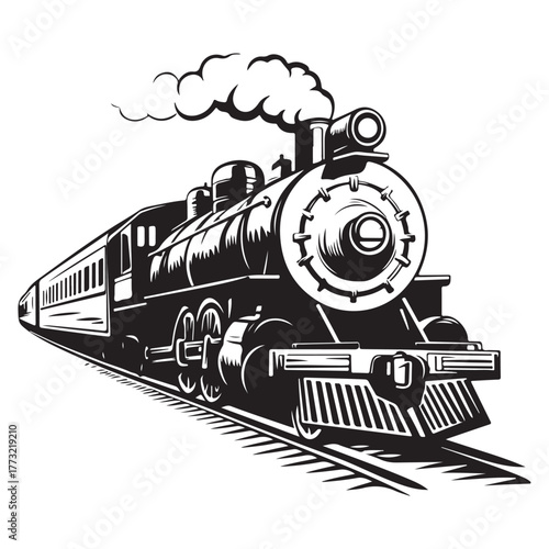 Vintage steam engine train silhouette traveling on tracks with smoke and passenger cars 