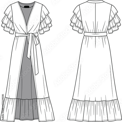 PrintElegant long ruffle sleeve wrap dress fashion flat sketch, stylish maxi dress design template for sewing pattern and garment illustration