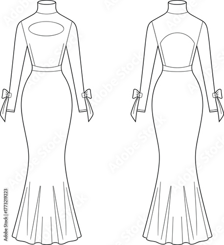 PrintElegant long sleeve mermaid gown fashion sketch, high neck dress design with cutout detail and bow cuffs, technical illustration front and back.
