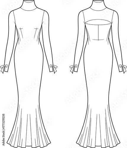 PrintElegant long sleeve mermaid dress fashion sketch, high neck fitted gown design with bow cuffs, front and back technical illustration.