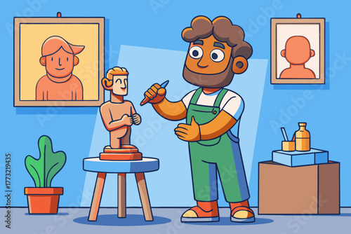 Cartoon artist with paintbrush sculpting clay statue indoors