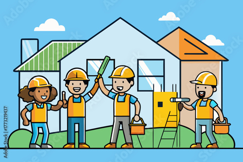 Cartoon Construction Team Celebrating in Front of New Houses